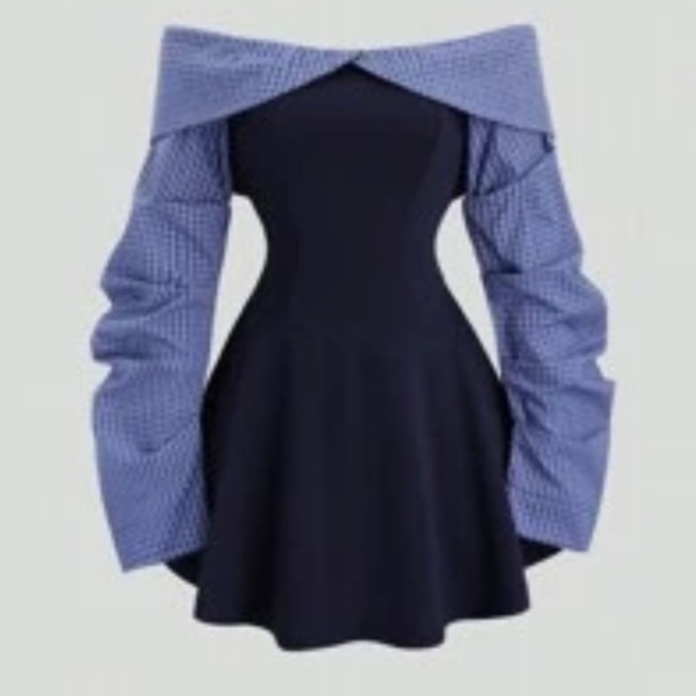 SHEIN Off-Shoulder Blue Dress with Long Sleeves TRENDY CUTE PREPPY